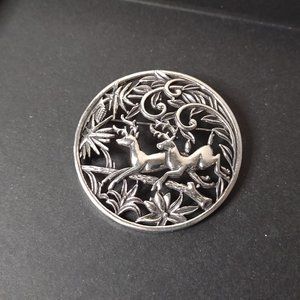 Large Round Silver Tone Reindeer Brooch
